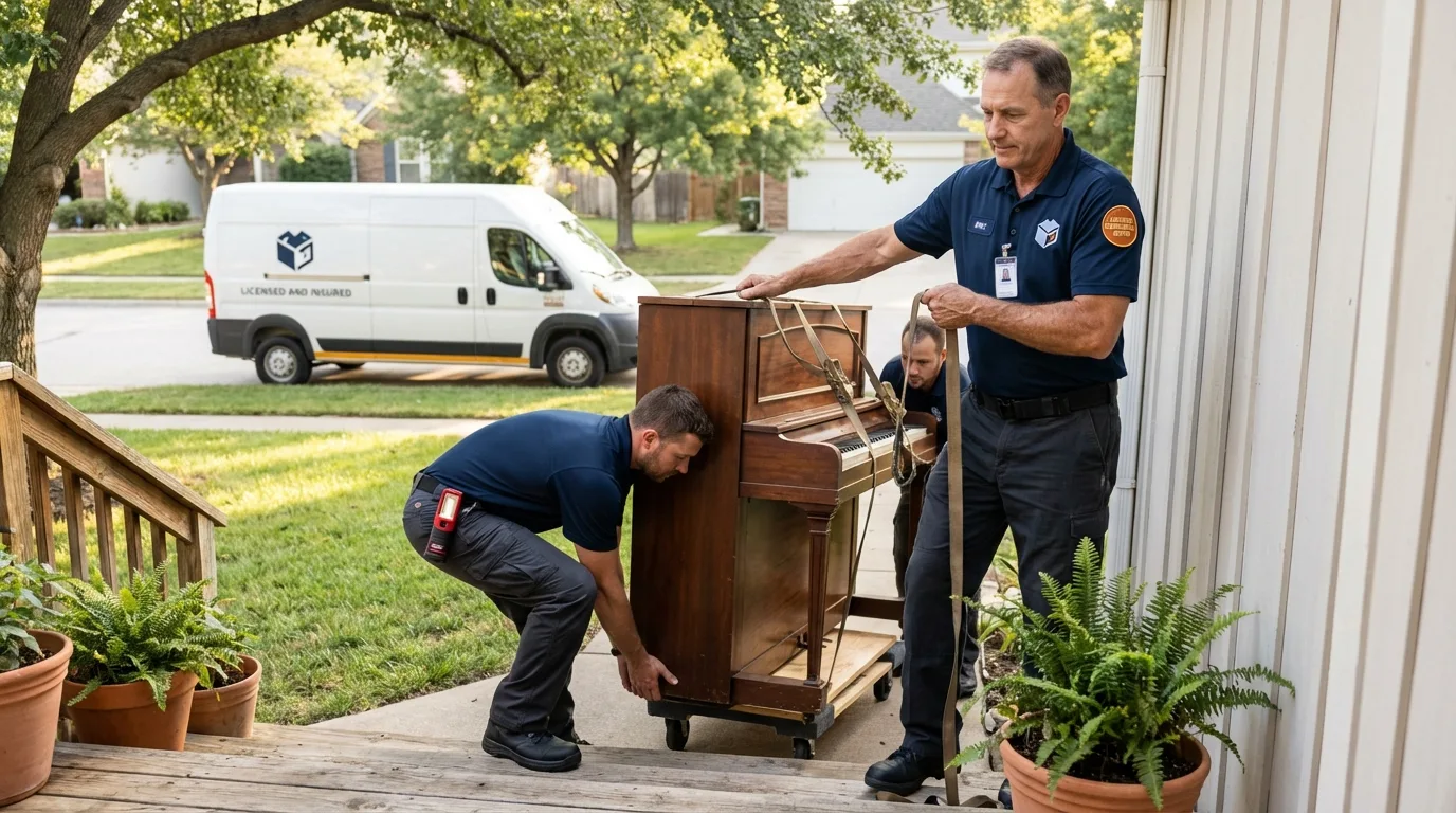 Licensed piano movers securing grand piano in Orinda, CA