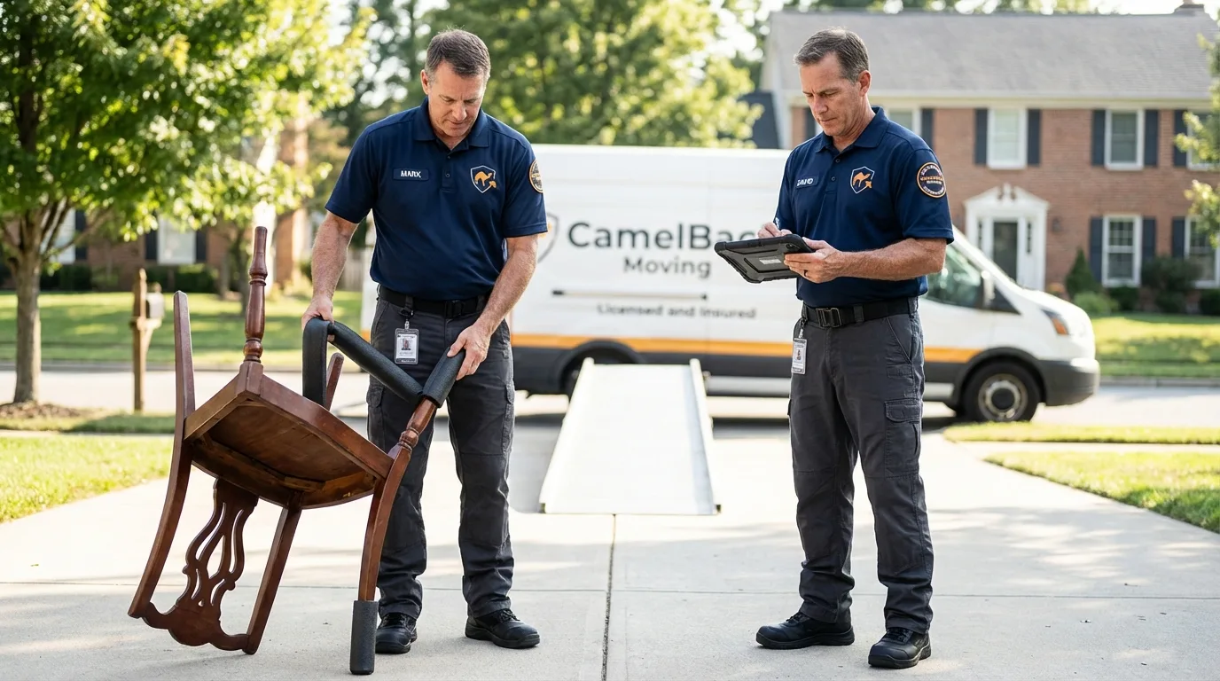 Movers inspecting furniture for damage prevention before loading in Orinda, CA