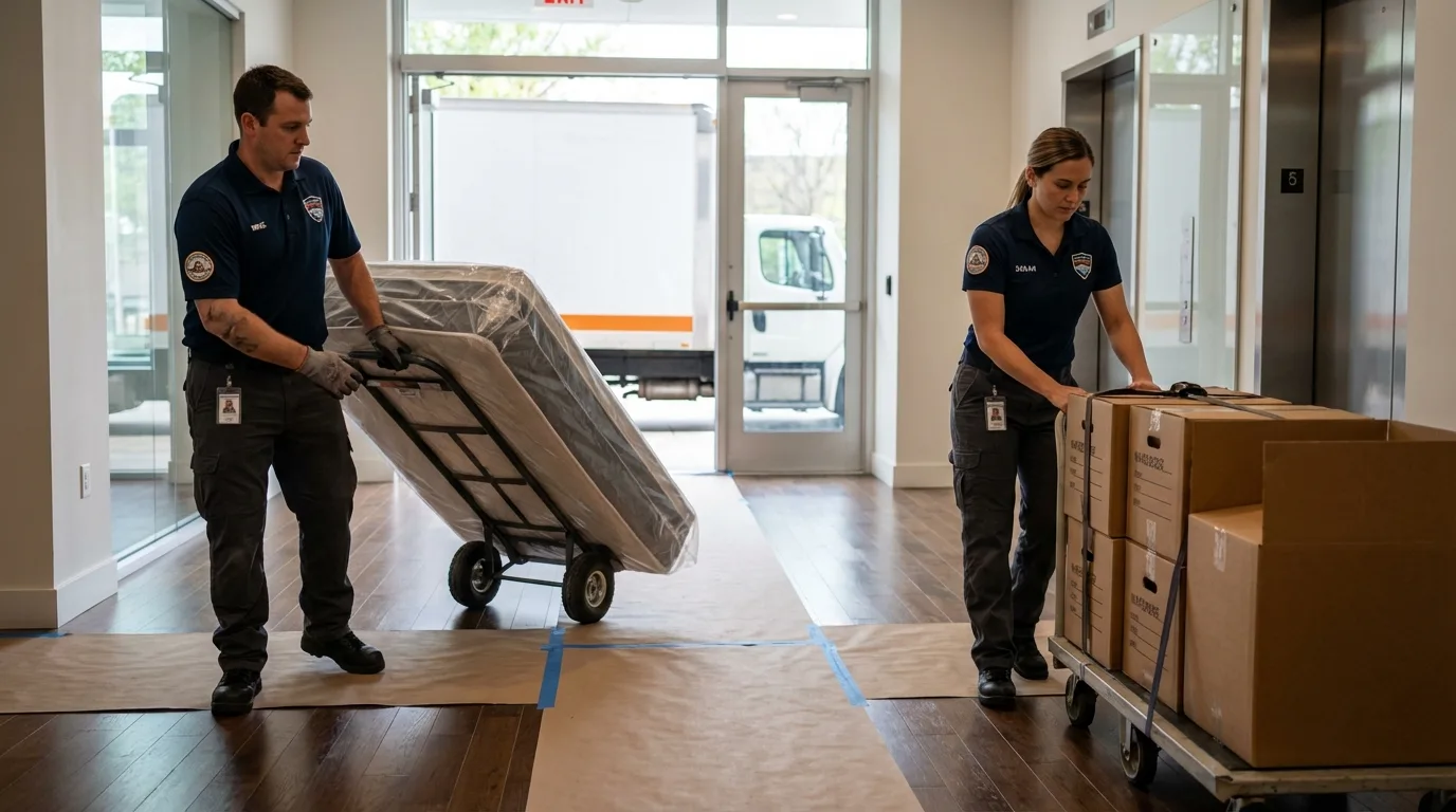 Professional apartment movers loading elevator in Orinda, CA