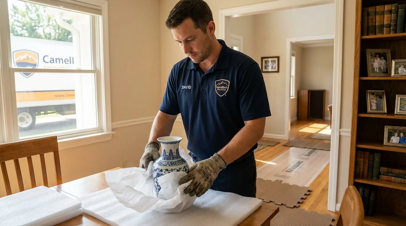 Professional crew carefully wrapping antique vase for senior downsizing move in Orinda, CA